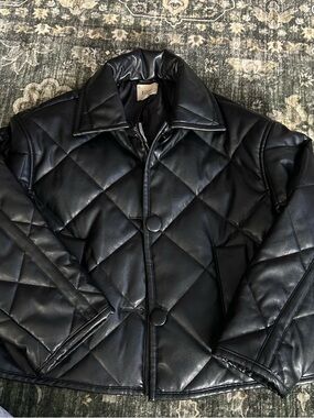 Elie Tahari Black Quilted Faux Leather Puffer Jacket
